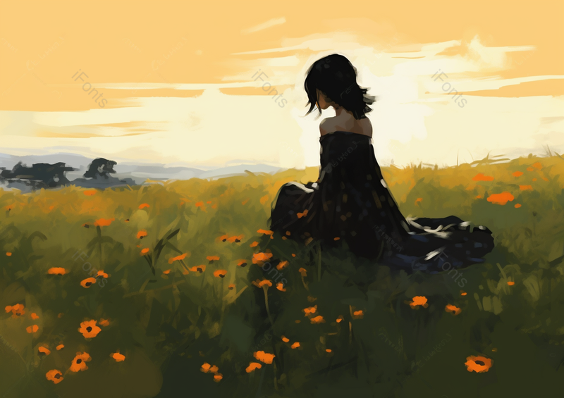 夕阳下坐在草地上注视远方的女人侧面,插画/手绘图,插画/手绘图库,插画/手绘图下载,插画/手绘